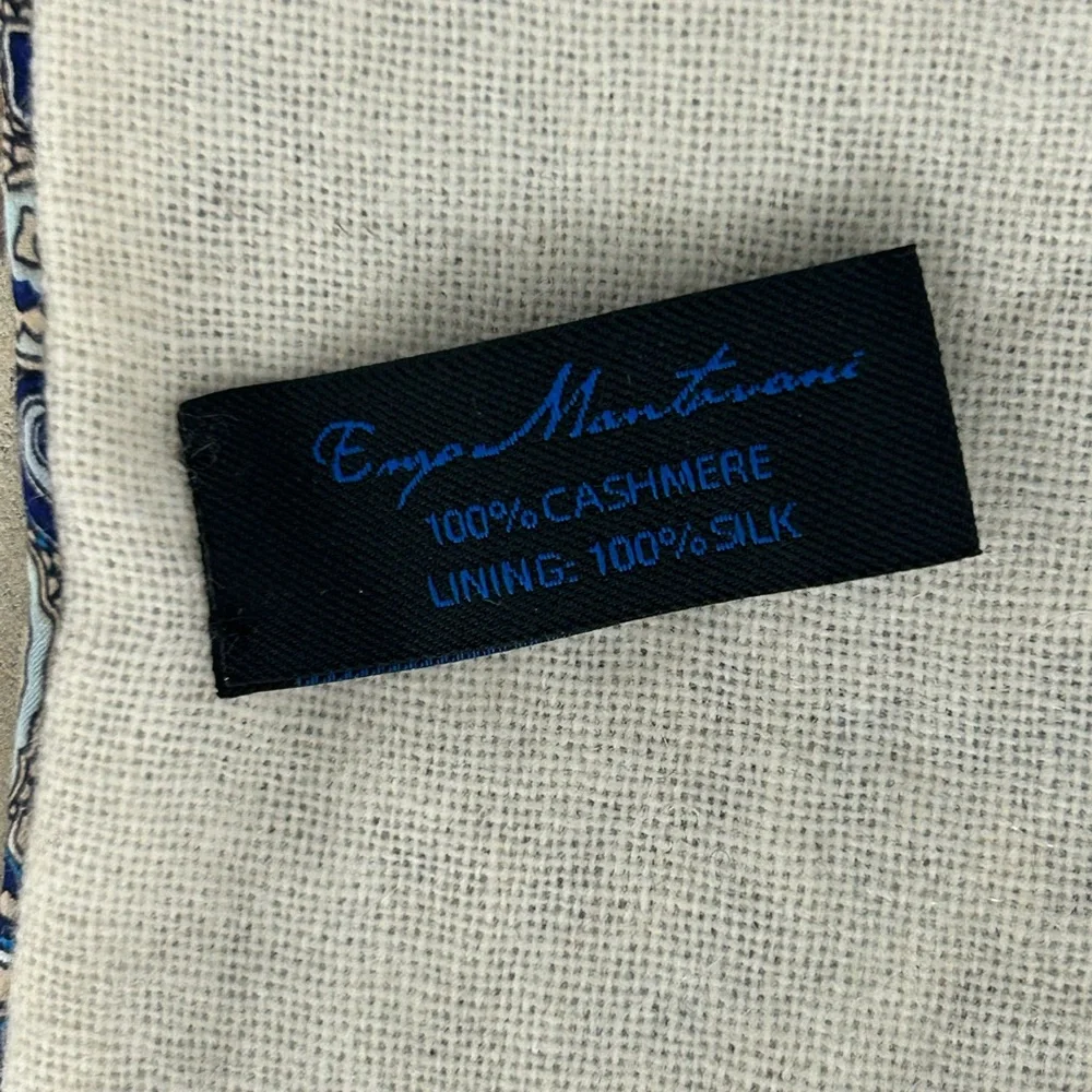 Enzo Montovani Denim Blue Damask Fringe Silk Cashmere Unisex Scarf Shawl 12x62